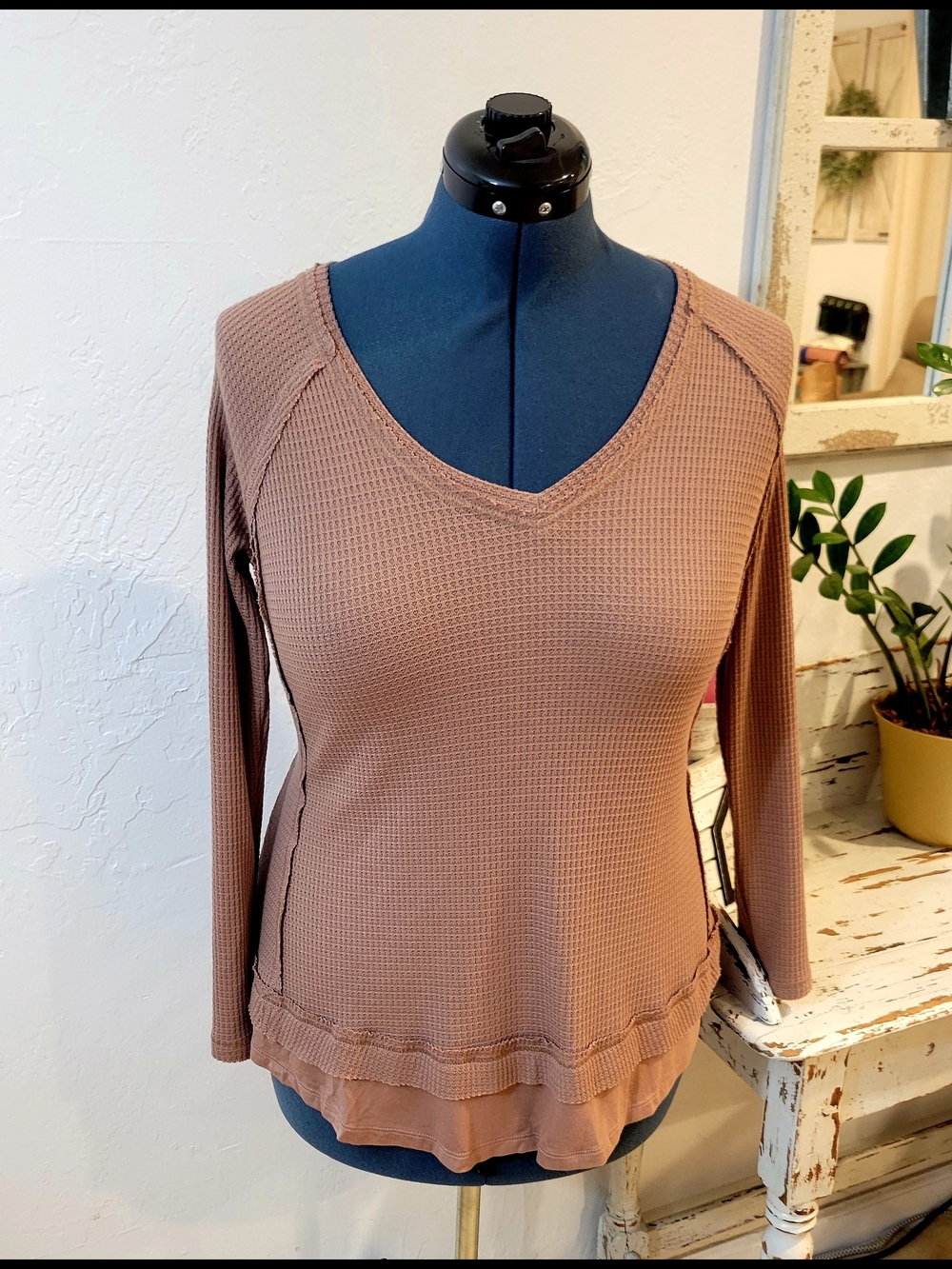 Torrid Dusty Mauve Waffle Knit V-Neck Long-Sleeve Top